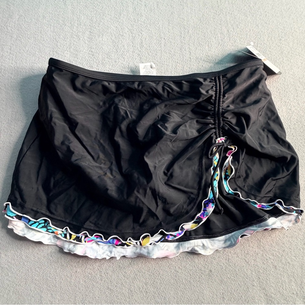 Island Escape Mariposa Ruched Swim Skirt Modest Black NWT Size 12 Vacay Summer